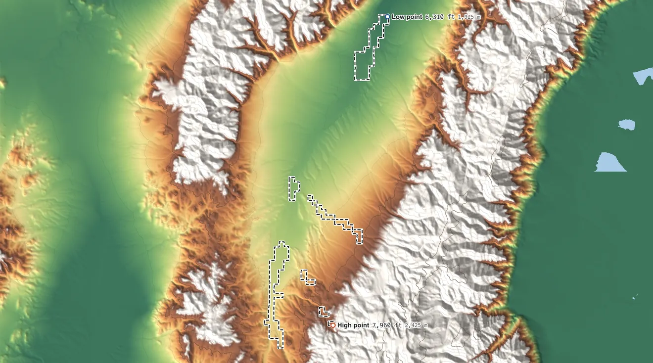 Topographic elevation map of Yomba Reservation, Nevada, shaded from 6,310 ft on the north side to 7,960 ft on the south side