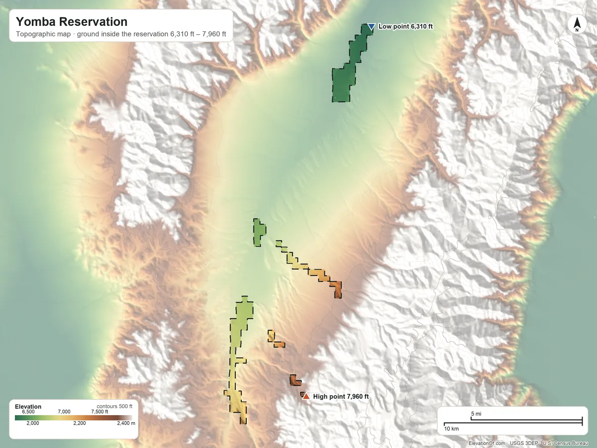 Topographic elevation map of Yomba Reservation, Nevada, shaded from 6,310 ft on the north side to 7,960 ft on the south side