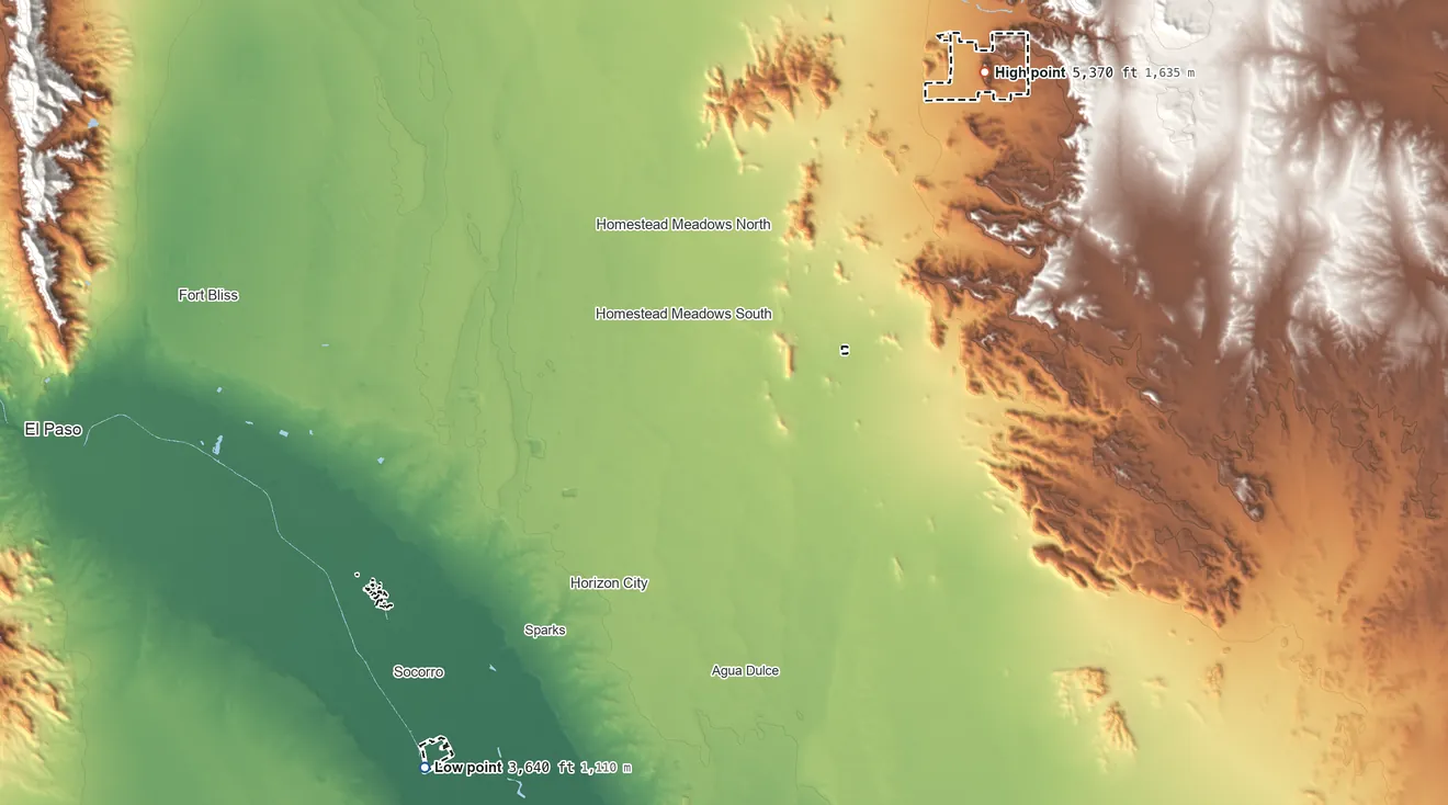 Topographic elevation map of Ysleta del Sur Pueblo, Texas, shaded from 3,640 ft on the southwest side to 5,370 ft on the northeast side