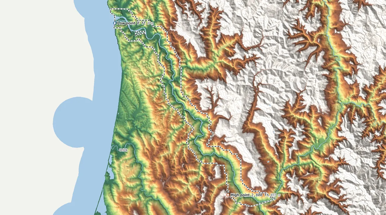 Topographic elevation map of Yurok Reservation, California, shaded from sea level on the Pacific Ocean to 2,800 ft on the south side