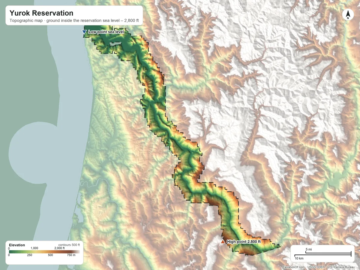 Topographic elevation map of Yurok Reservation, California, shaded from sea level on the Pacific Ocean to 2,800 ft on the south side