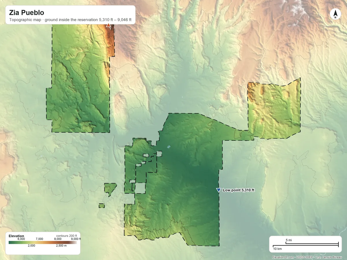 Topographic elevation map of Zia Pueblo, New Mexico, shaded from 5,310 ft on the southeast side to 9,046 ft on Pajarito Peak