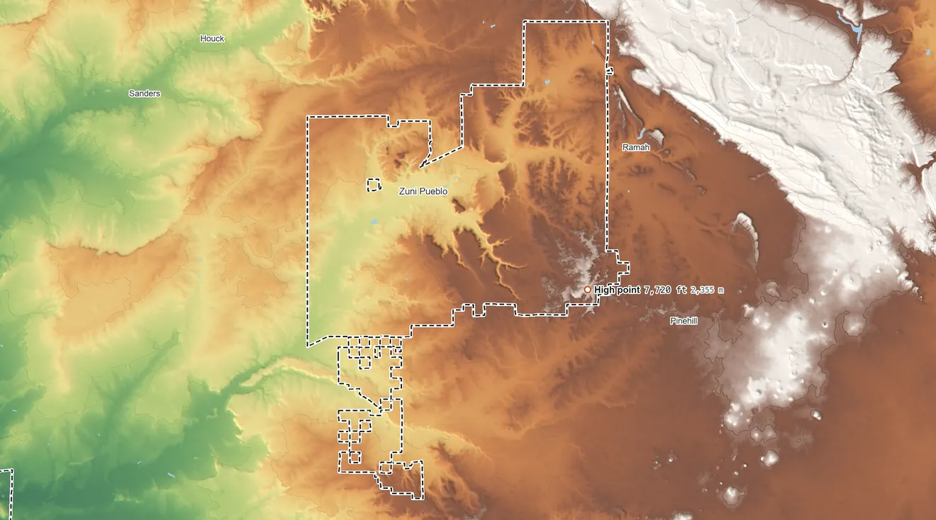 Topographic elevation map of Zuni Reservation, New Mexico, shaded from 5,430 ft on the southwest side to 7,720 ft on the east side