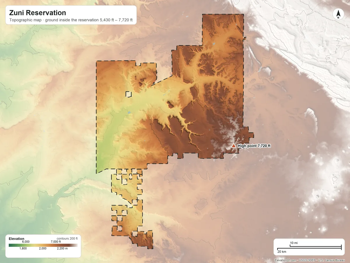 Topographic elevation map of Zuni Reservation, New Mexico, shaded from 5,430 ft on the southwest side to 7,720 ft on the east side