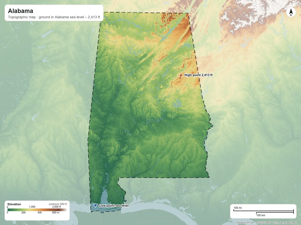 Topographic elevation map of Alabama, shaded from sea level on Mississippi Sound to 2,413 ft on Cheaha Mountain