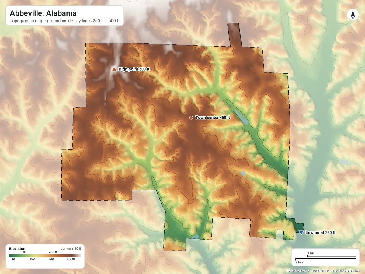 Topographic elevation map of Abbeville, Alabama, shaded from 250 ft on the southeast side to 500 ft on the northwest side