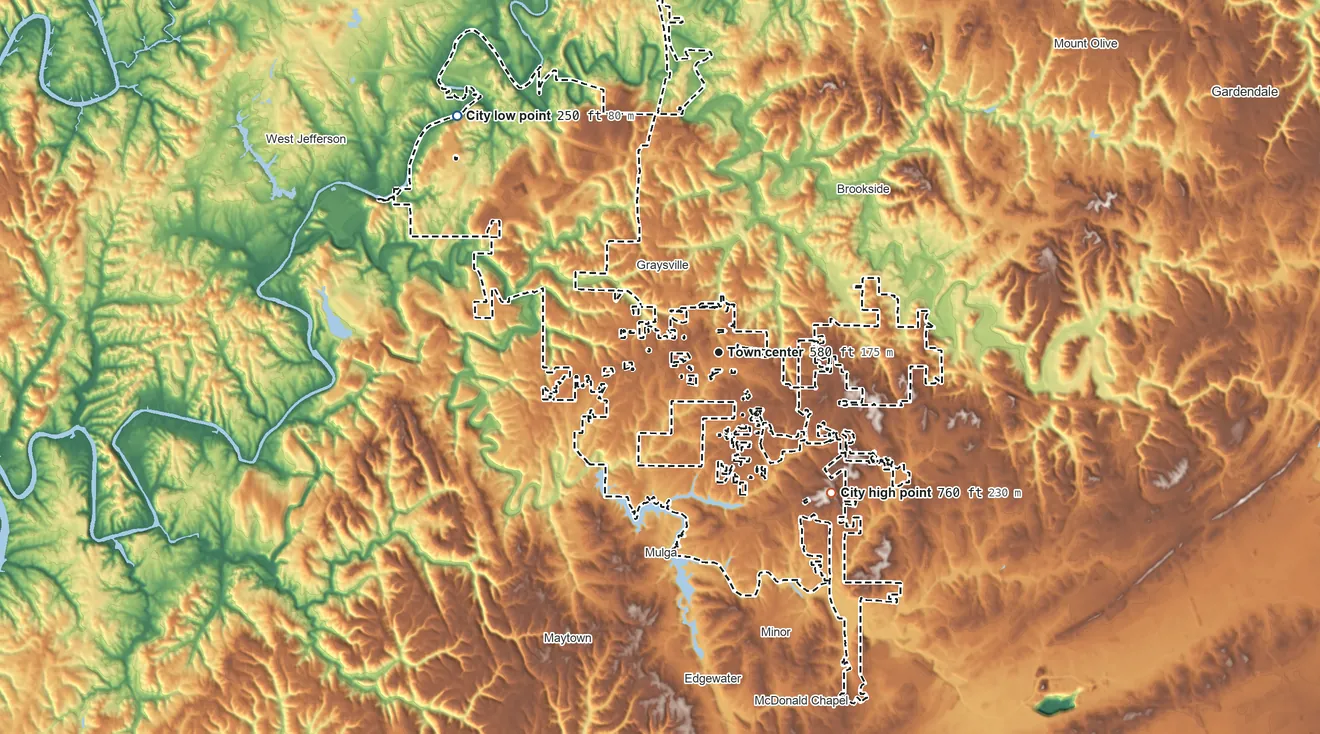 Topographic elevation map of Adamsville, Alabama, shaded from 250 ft on the northwest side to 760 ft on the southeast side