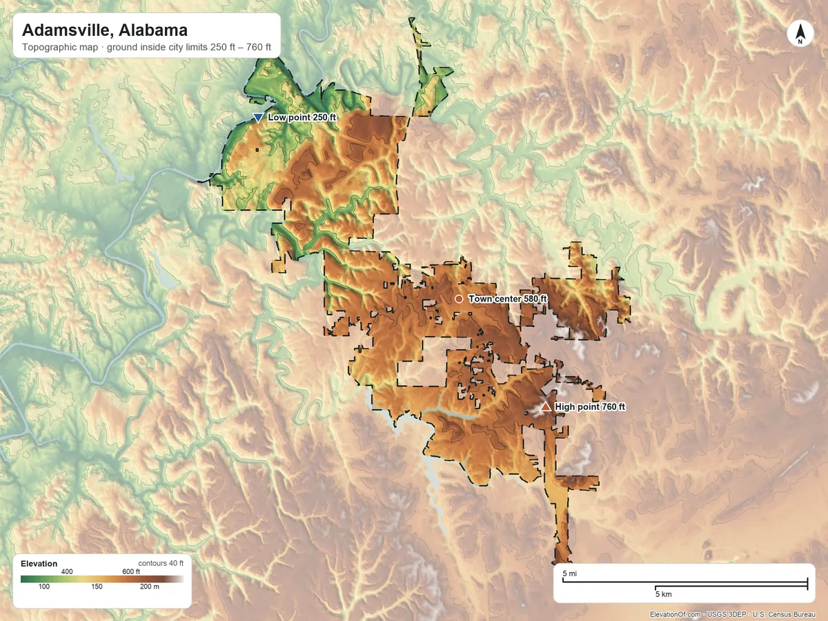 Topographic elevation map of Adamsville, Alabama, shaded from 250 ft on the northwest side to 760 ft on the southeast side