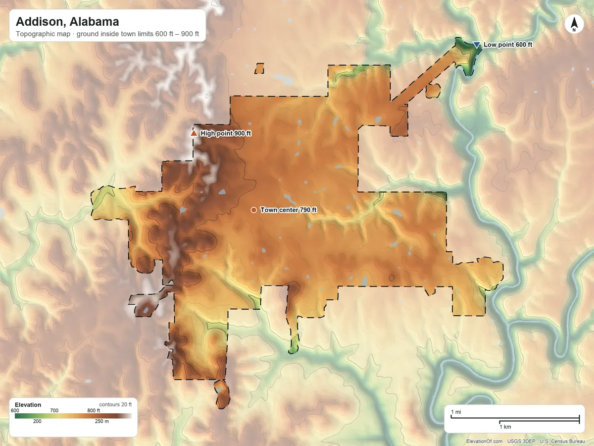 Topographic elevation map of Addison, Alabama, shaded from 600 ft on the northeast side to 900 ft on the northwest side