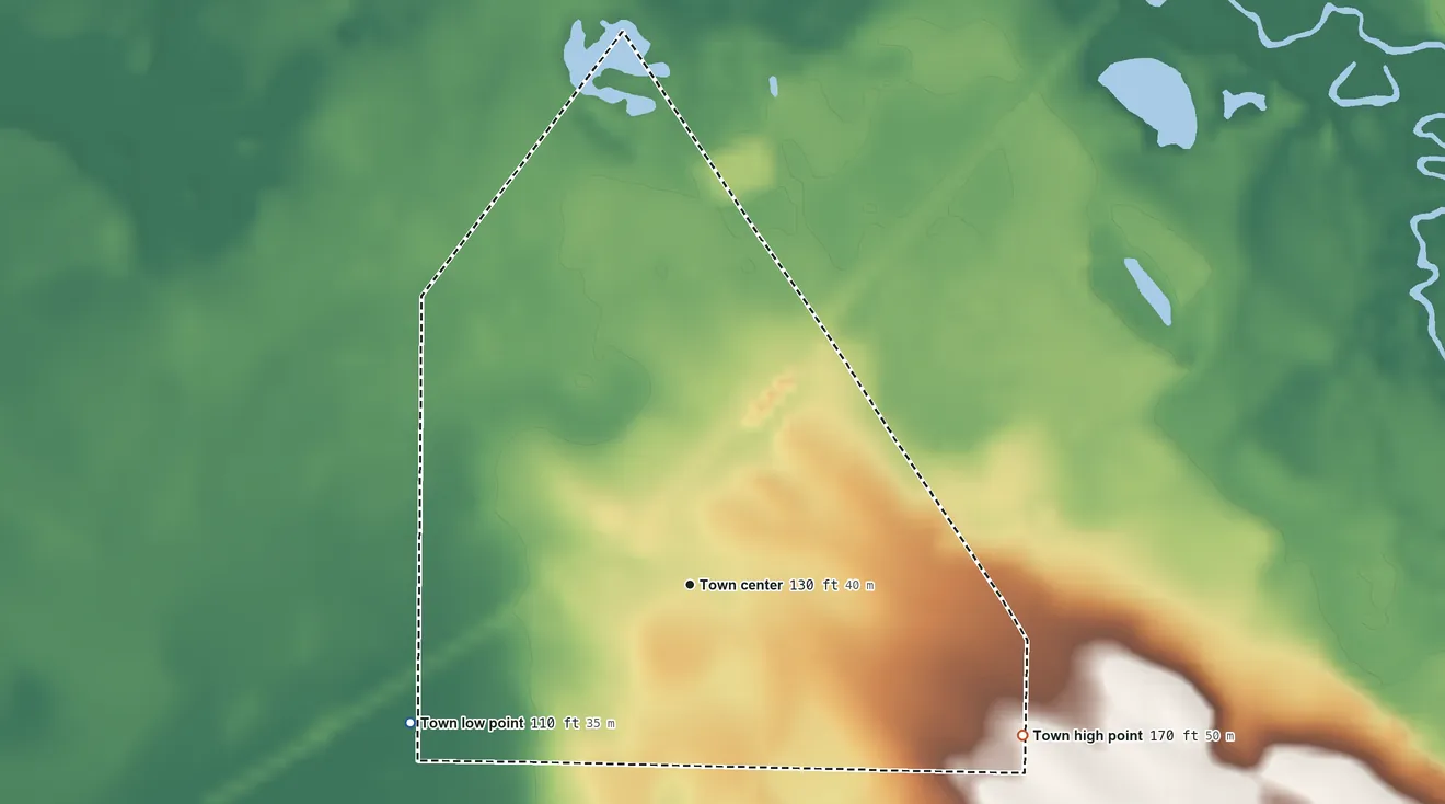 Topographic elevation map of Akron, Alabama, shaded from 110 ft on the southwest side to 170 ft on the southeast side