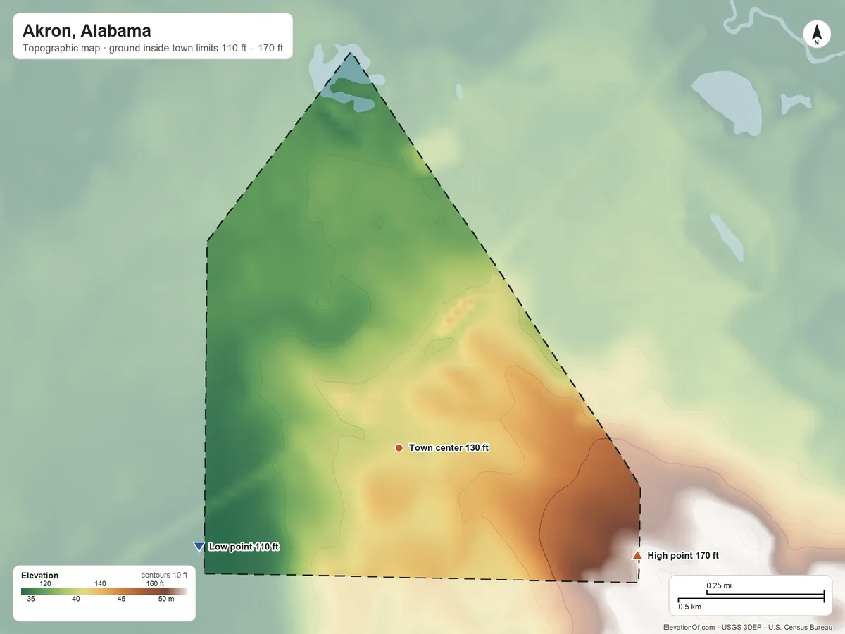 Topographic elevation map of Akron, Alabama, shaded from 110 ft on the southwest side to 170 ft on the southeast side