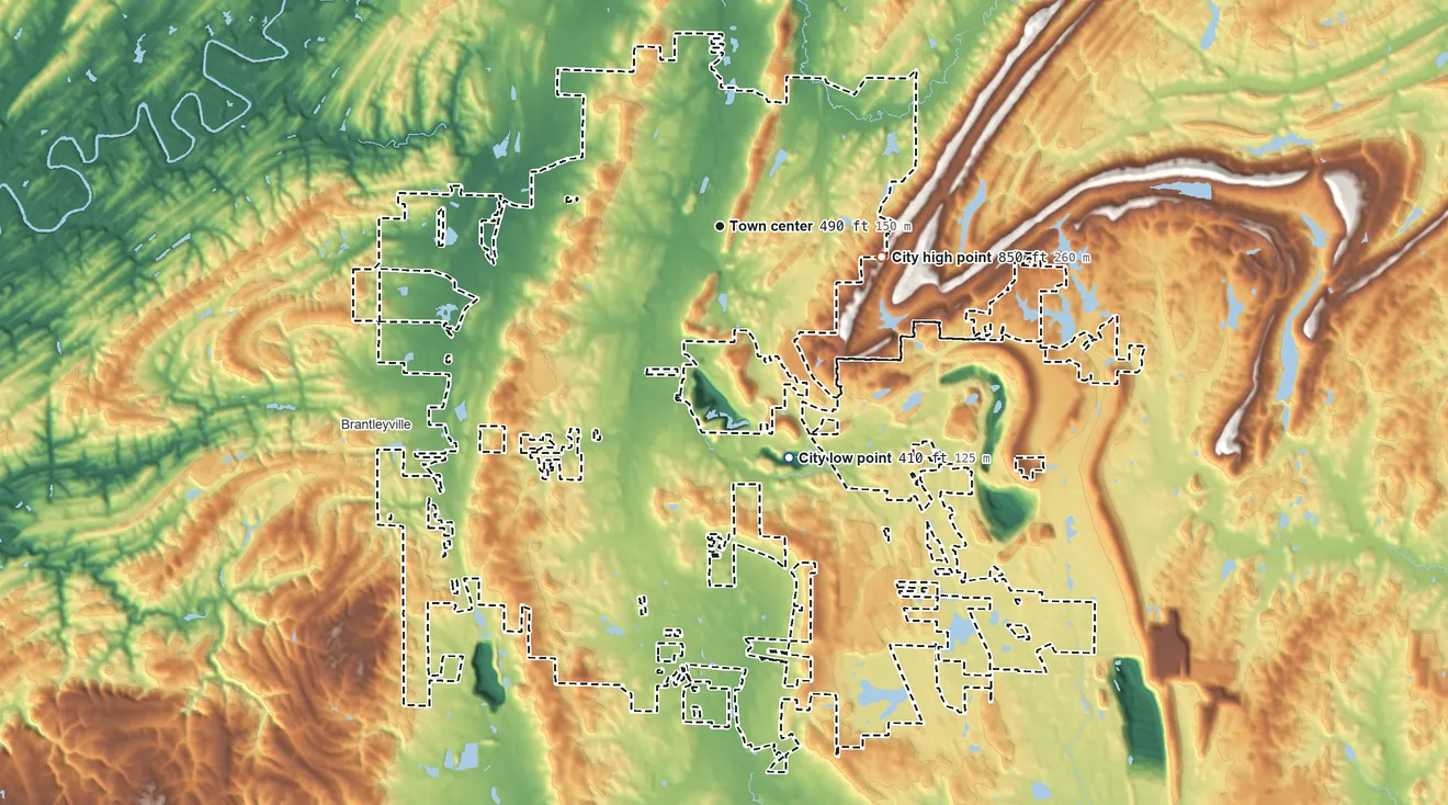 Topographic elevation map of Alabaster, Alabama, shaded from 410 ft on the south side to 850 ft on the east side