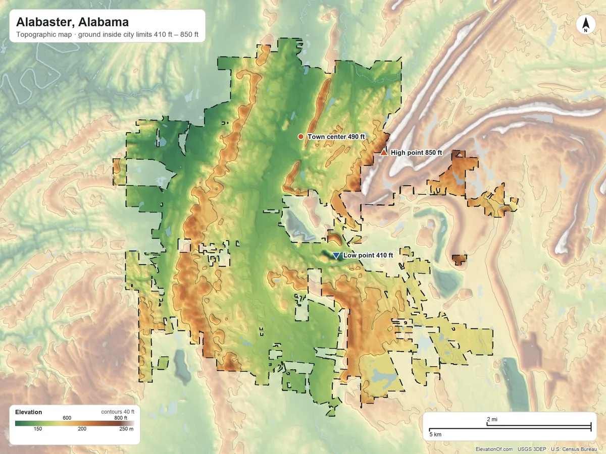 Topographic elevation map of Alabaster, Alabama, shaded from 410 ft on the south side to 850 ft on the east side