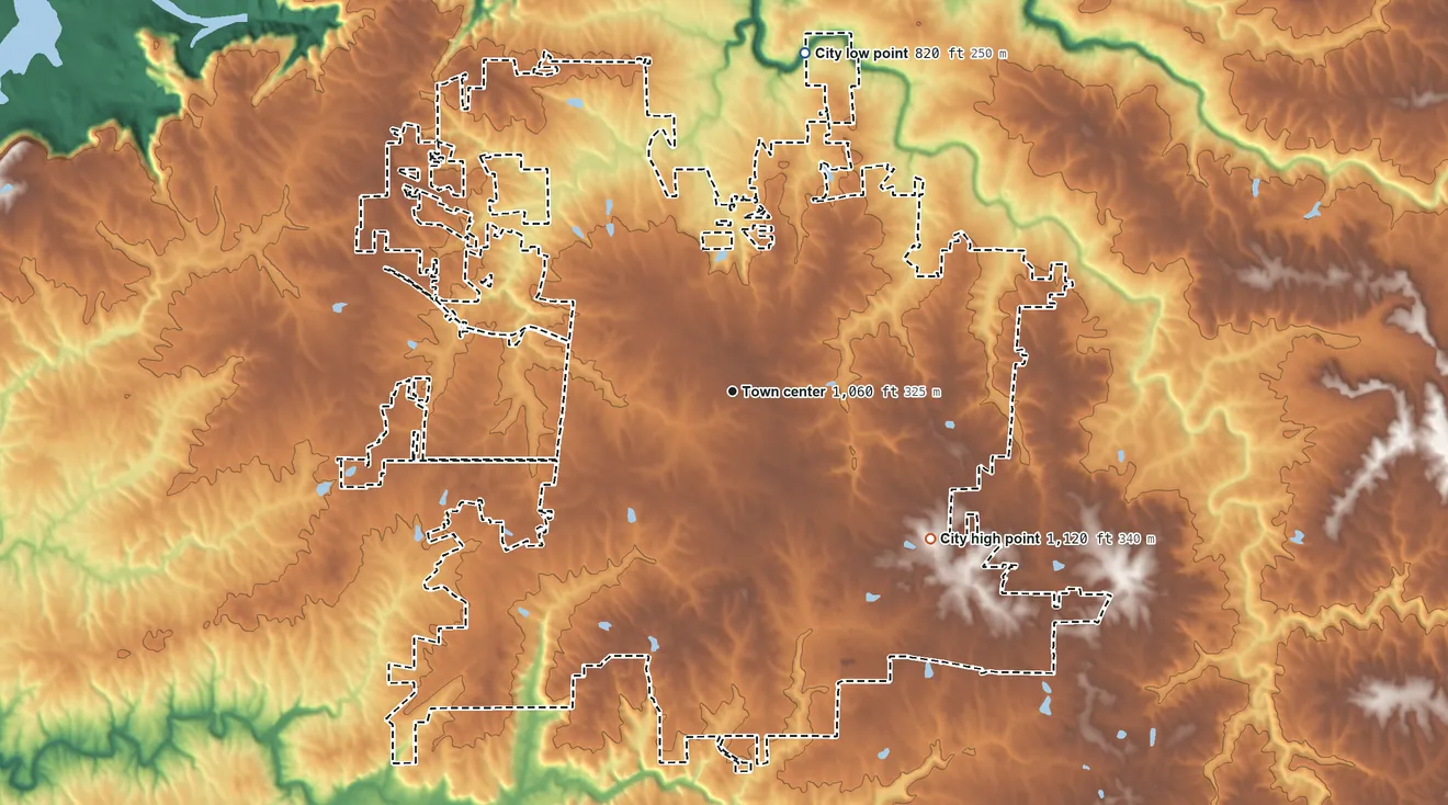 Topographic elevation map of Albertville, Alabama, shaded from 820 ft on the north side to 1,120 ft on the southeast side