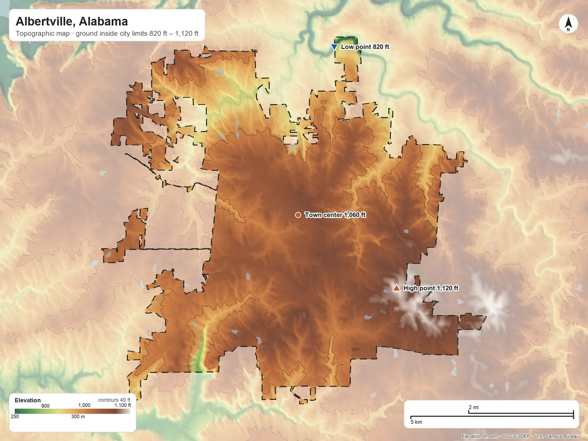 Topographic elevation map of Albertville, Alabama, shaded from 820 ft on the north side to 1,120 ft on the southeast side