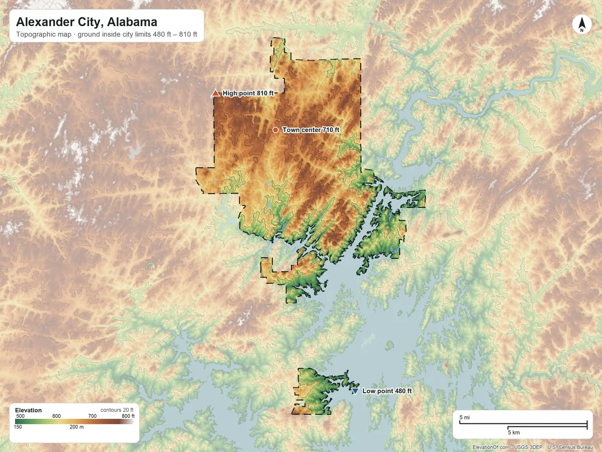 Topographic elevation map of Alexander City, Alabama, shaded from 480 ft on the south side to 810 ft on the northwest side