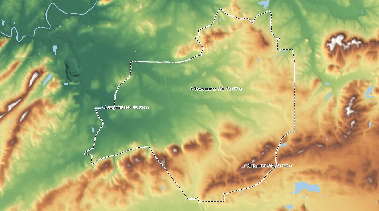 Topographic elevation map of Alexandria, Alabama, shaded from 520 ft on the west side to 810 ft on the southeast side