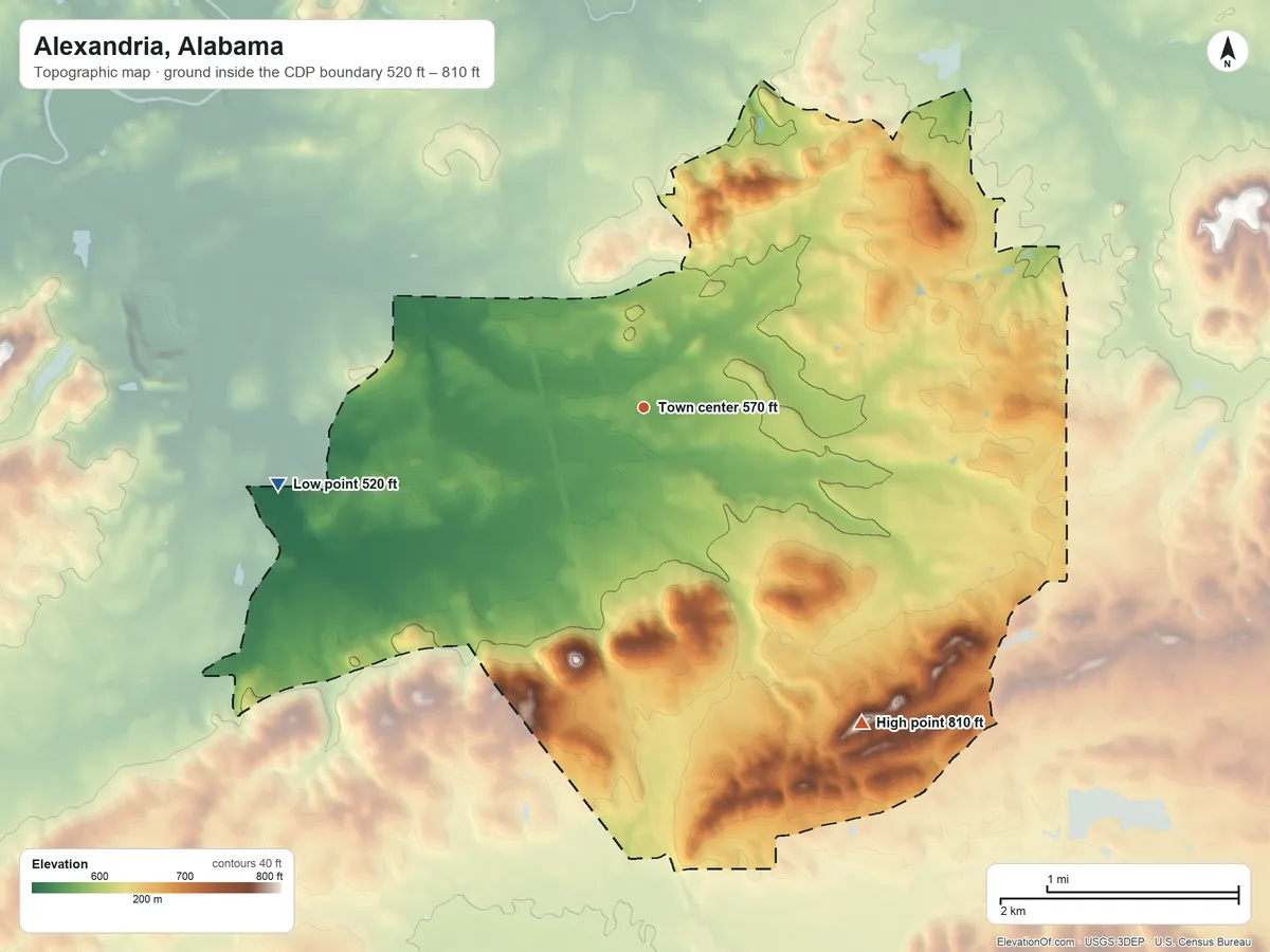 Topographic elevation map of Alexandria, Alabama, shaded from 520 ft on the west side to 810 ft on the southeast side