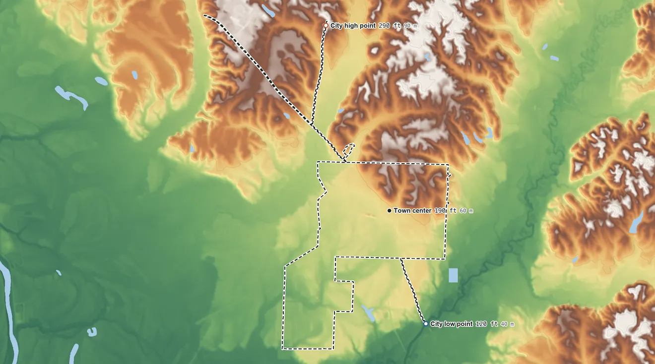 Topographic elevation map of Aliceville, Alabama, shaded from 120 ft on the south side to 290 ft on the north side