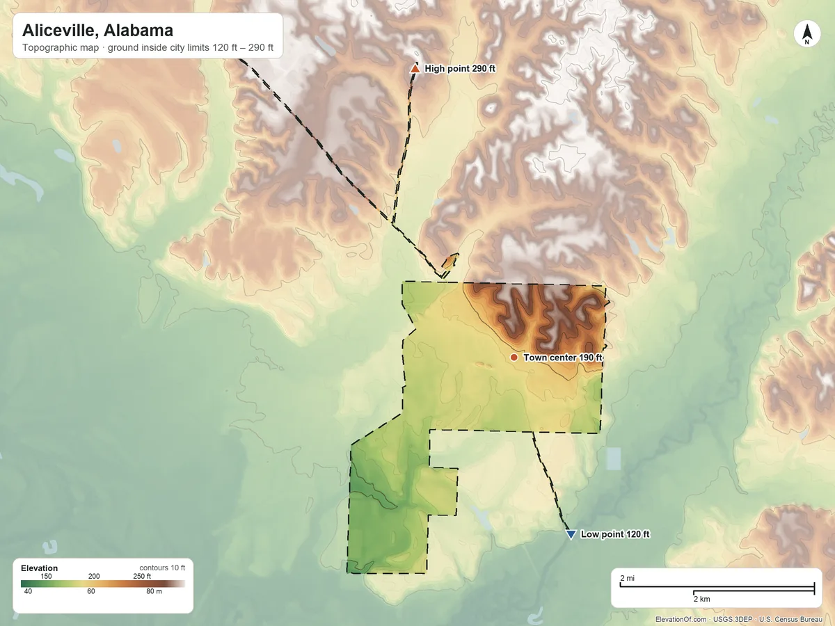 Topographic elevation map of Aliceville, Alabama, shaded from 120 ft on the south side to 290 ft on the north side