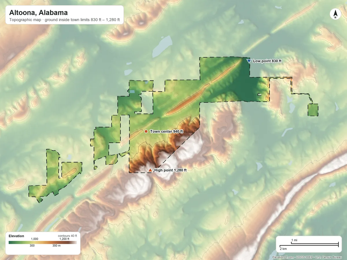Topographic elevation map of Altoona, Alabama, shaded from 830 ft on the northeast side to 1,280 ft on the south side