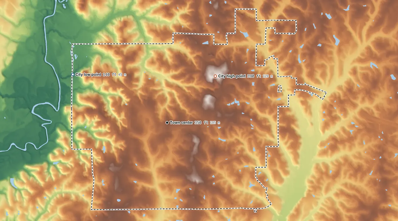 Topographic elevation map of Andalusia, Alabama, shaded from 140 ft on the northwest side to 390 ft on the northeast side
