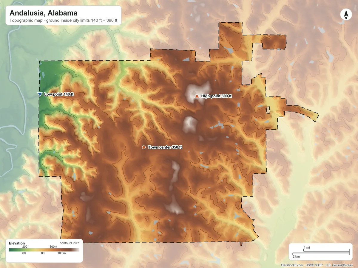 Topographic elevation map of Andalusia, Alabama, shaded from 140 ft on the northwest side to 390 ft on the northeast side