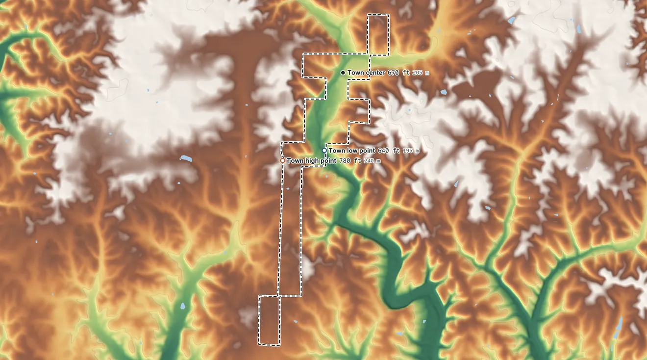 Topographic elevation map of Anderson, Alabama, shaded from 640 ft on the south side to 780 ft on the southwest side