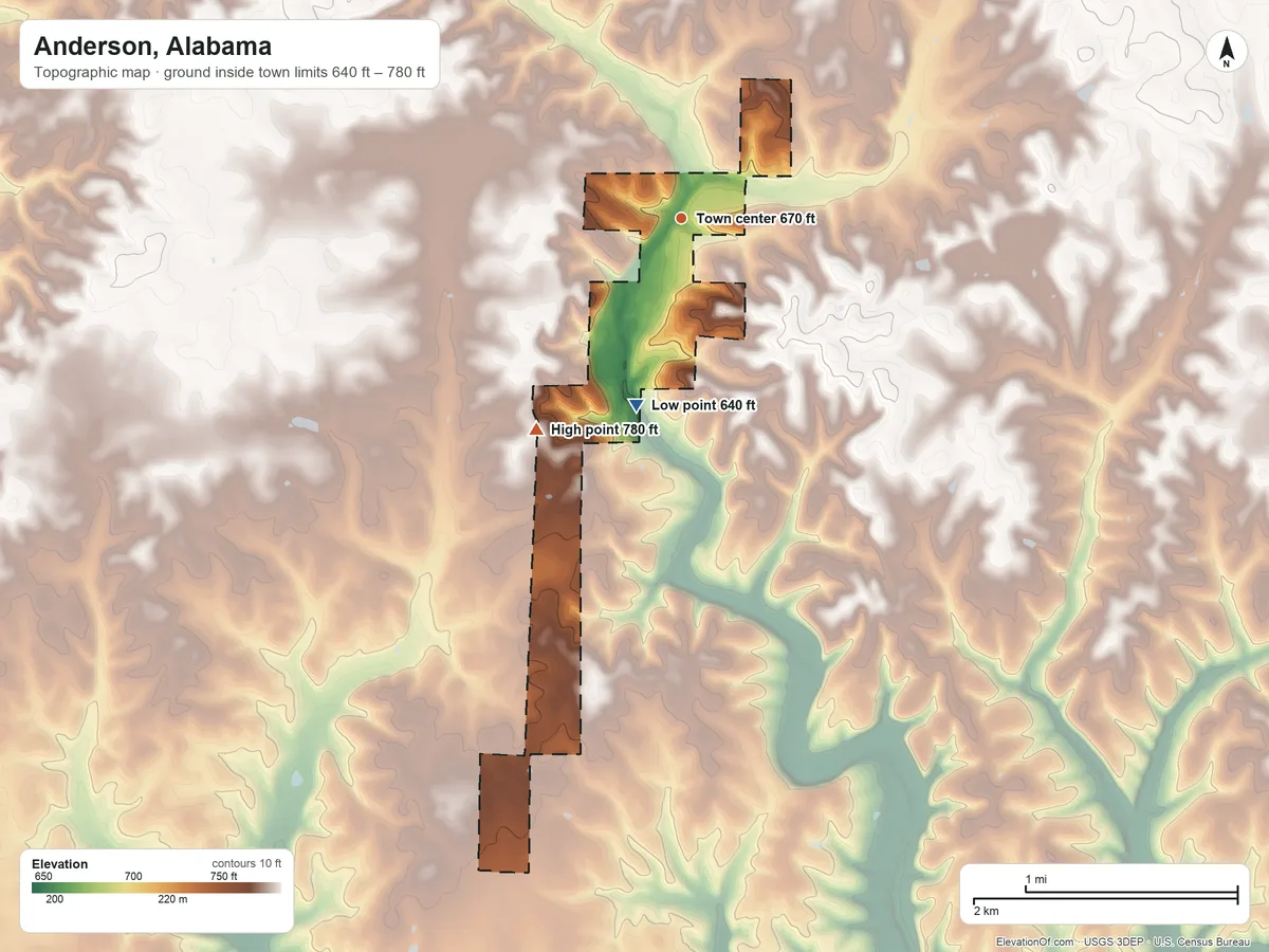 Topographic elevation map of Anderson, Alabama, shaded from 640 ft on the south side to 780 ft on the southwest side