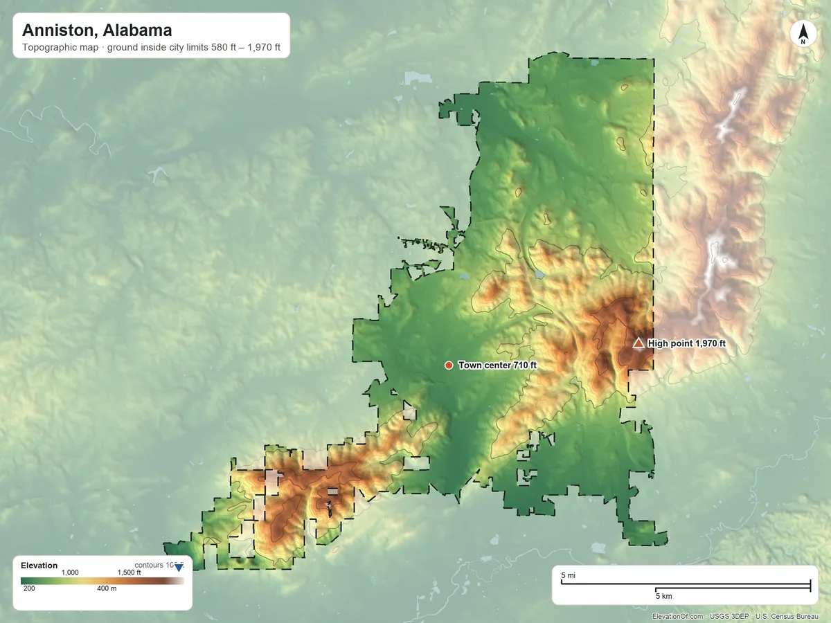 Topographic elevation map of Anniston, Alabama, shaded from 580 ft on the southwest side to 1,970 ft on King Hill