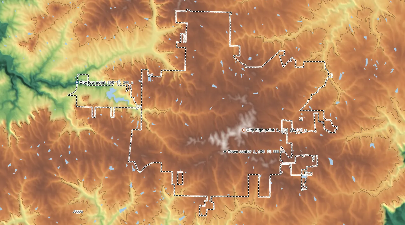 Topographic elevation map of Arab, Alabama, shaded from 850 ft on the northwest side to 1,130 ft near the middle