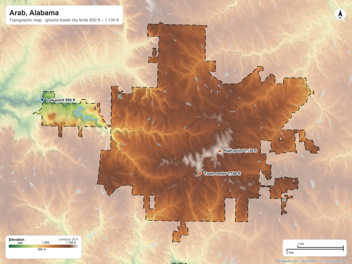 Topographic elevation map of Arab, Alabama, shaded from 850 ft on the northwest side to 1,130 ft near the middle