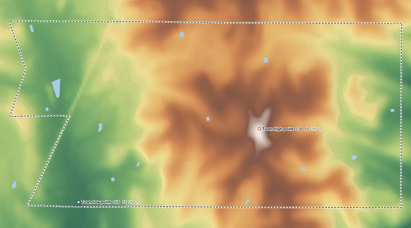 Topographic elevation map of Ardmore, Alabama, shaded from 860 ft on the southwest side to 930 ft on the east side