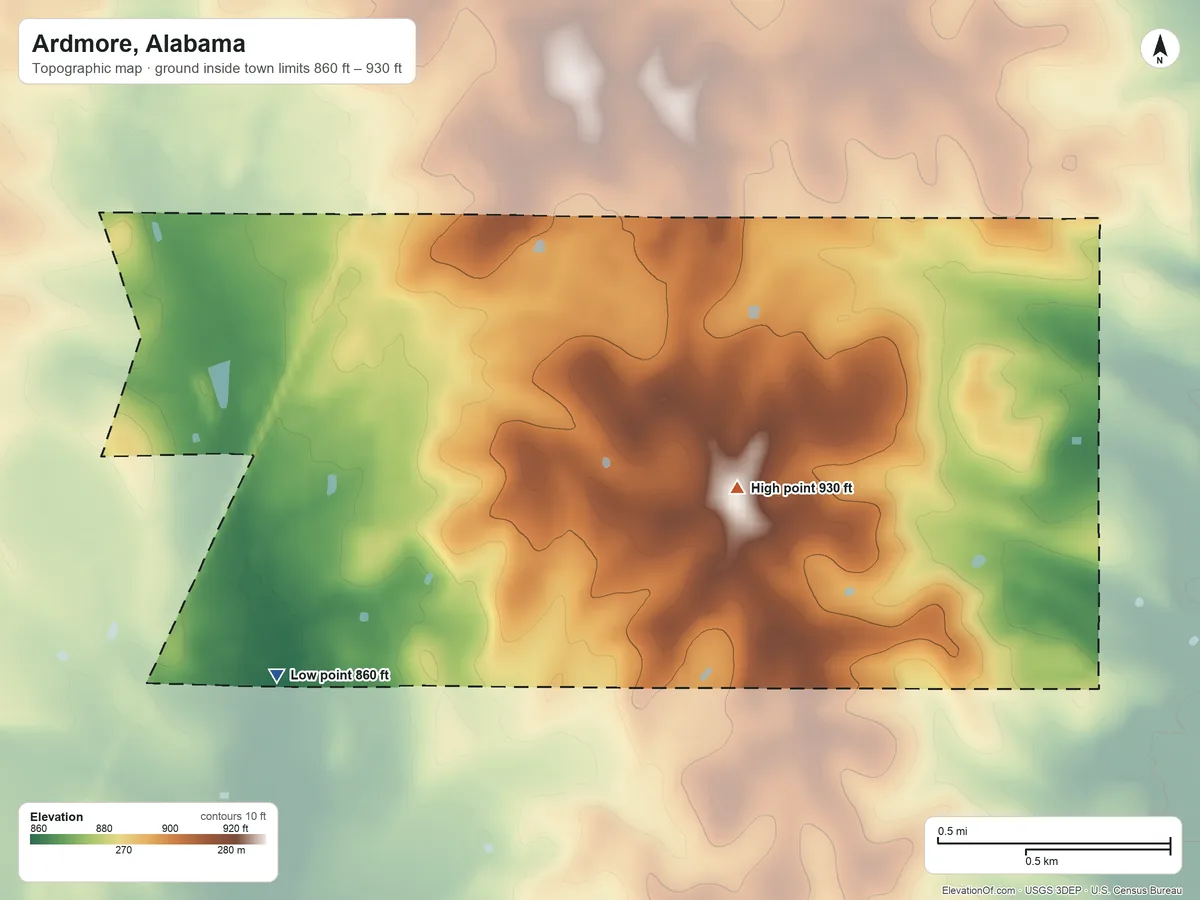 Topographic elevation map of Ardmore, Alabama, shaded from 860 ft on the southwest side to 930 ft on the east side