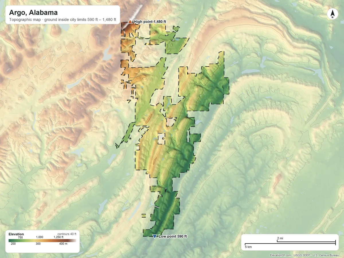 Topographic elevation map of Argo, Alabama, shaded from 590 ft on the south side to 1,480 ft on the northwest edge, below higher ground just outside