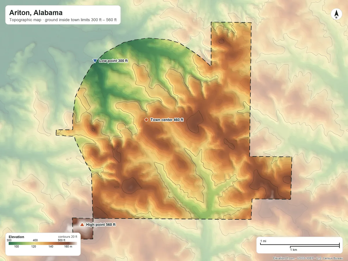 Topographic elevation map of Ariton, Alabama, shaded from 300 ft on the northwest side to 560 ft on the southwest side