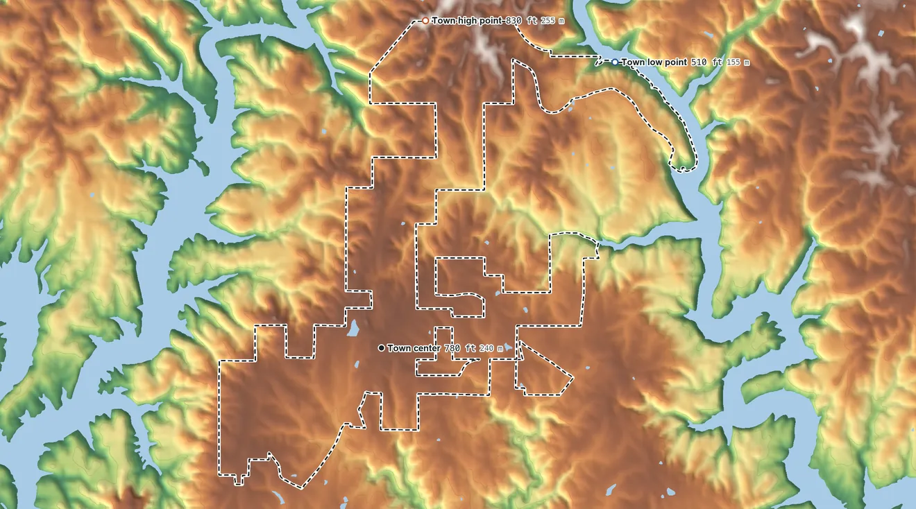 Topographic elevation map of Arley, Alabama, shaded from 510 ft on the northeast side to 830 ft on the north side