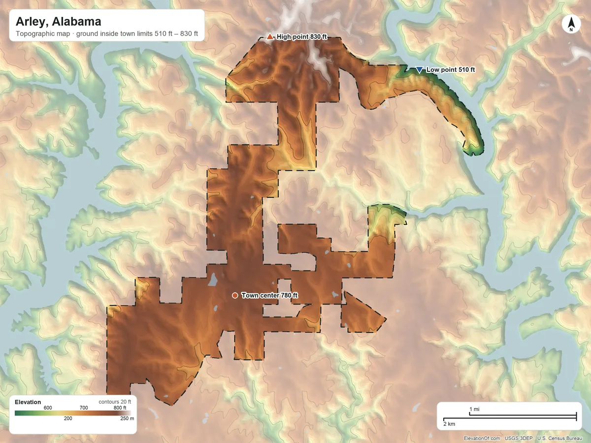 Topographic elevation map of Arley, Alabama, shaded from 510 ft on the northeast side to 830 ft on the north side