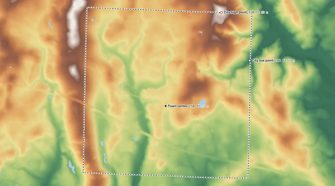 Topographic elevation map of Ashford, Alabama, shaded from 200 ft on the northeast side to 320 ft on the northeast side