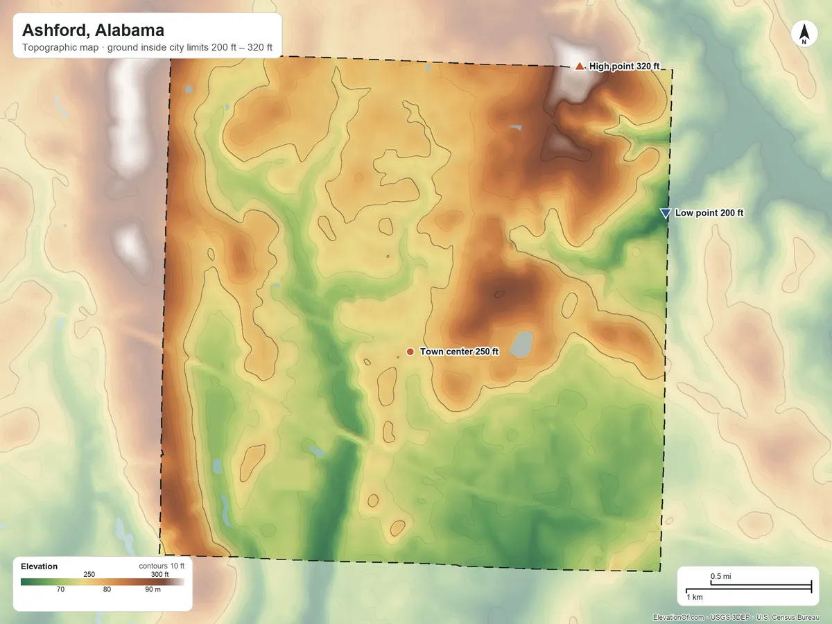 Topographic elevation map of Ashford, Alabama, shaded from 200 ft on the northeast side to 320 ft on the northeast side
