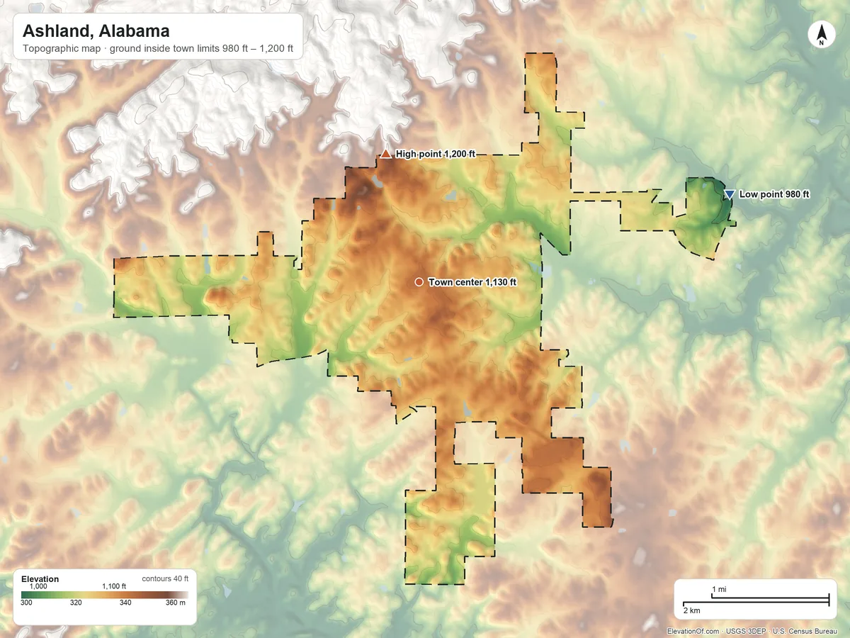 Topographic elevation map of Ashland, Alabama, shaded from 980 ft on the east side to 1,200 ft at the foot of the Talladega Mountain