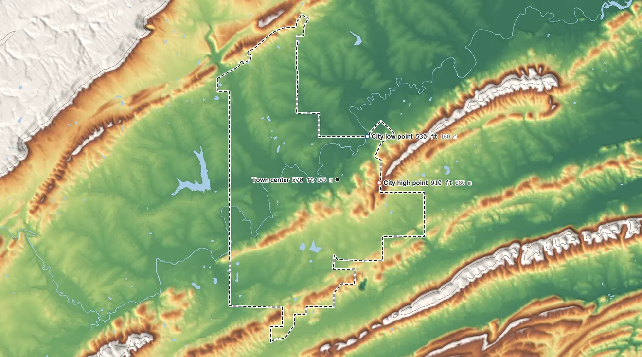 Topographic elevation map of Ashville, Alabama, shaded from 530 ft on the northeast side to 910 ft on the east side