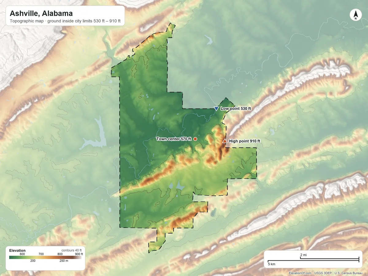 Topographic elevation map of Ashville, Alabama, shaded from 530 ft on the northeast side to 910 ft on the east side