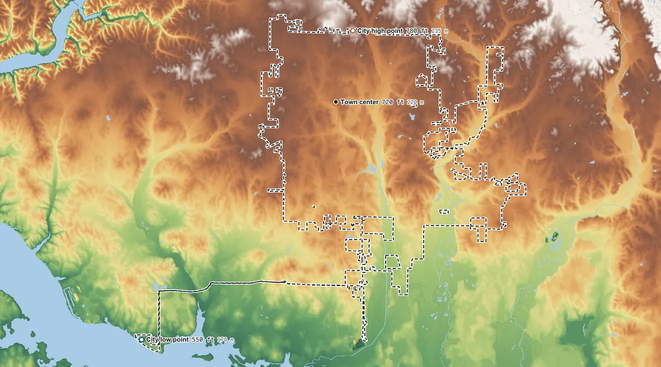 Topographic elevation map of Athens, Alabama, shaded from 550 ft on the southwest side to 780 ft on the north side