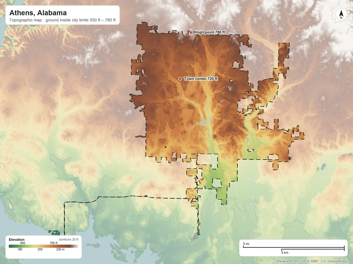 Topographic elevation map of Athens, Alabama, shaded from 550 ft on the southwest side to 780 ft on the north side