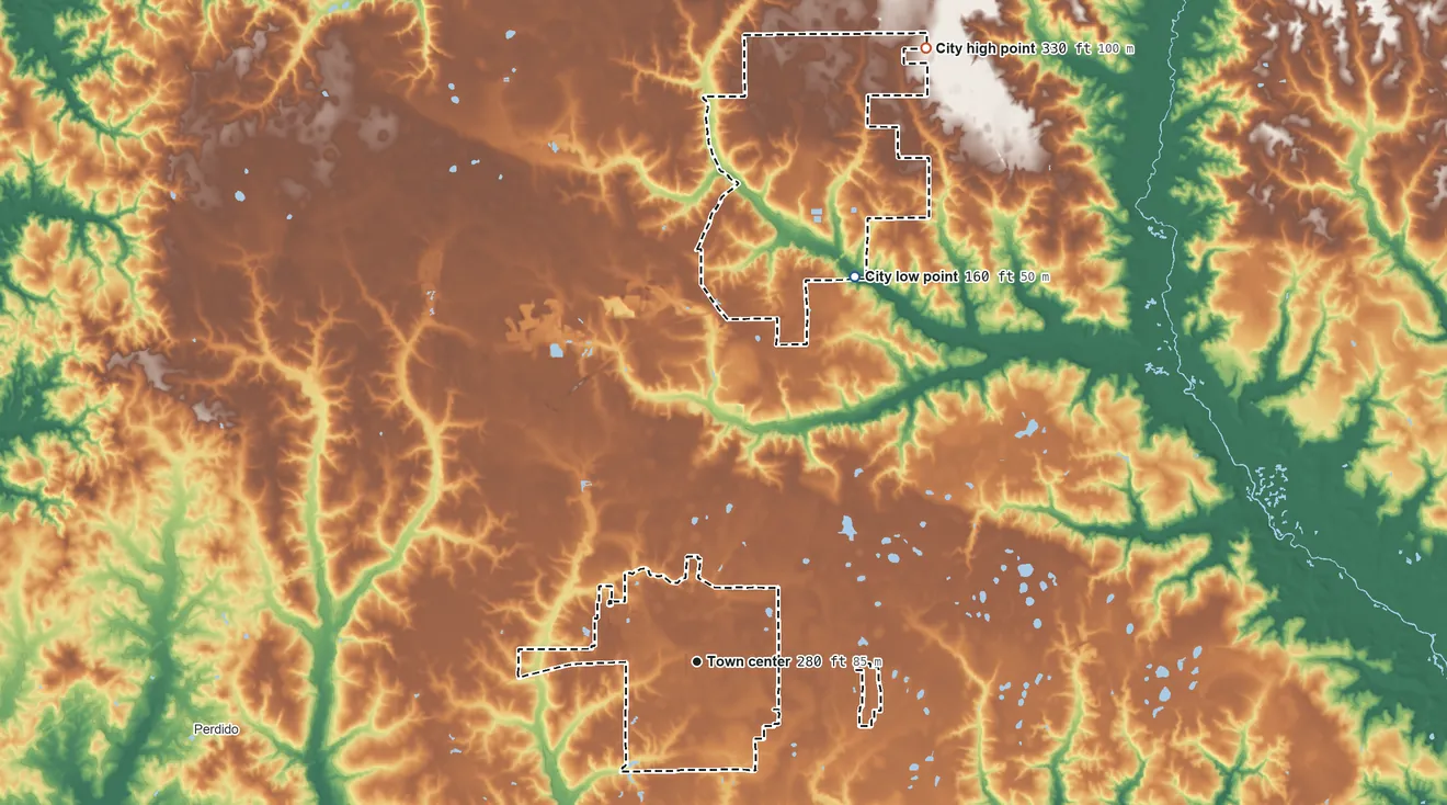 Topographic elevation map of Atmore, Alabama, shaded from 160 ft on the north side to 330 ft on the north side