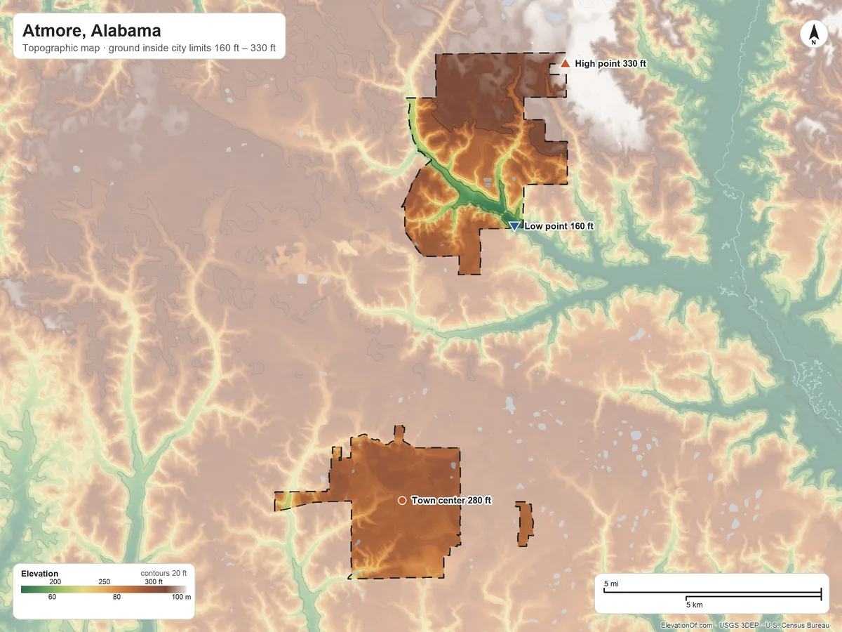 Topographic elevation map of Atmore, Alabama, shaded from 160 ft on the north side to 330 ft on the north side