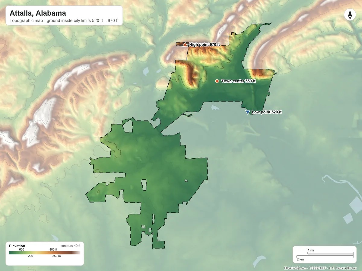 Topographic elevation map of Attalla, Alabama, shaded from 520 ft on the southeast side to 970 ft on the northwest side