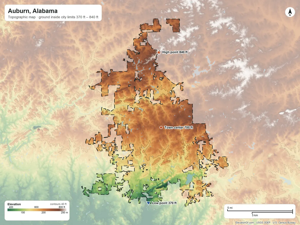 Topographic elevation map of Auburn, Alabama, shaded from 370 ft on the south side to 840 ft on the north side