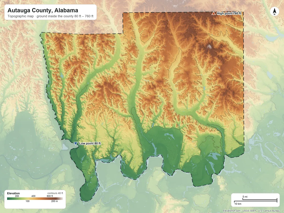 Topographic elevation map of Autauga County, Alabama, shaded from 80 ft on the southwest side to 760 ft on the northeast side